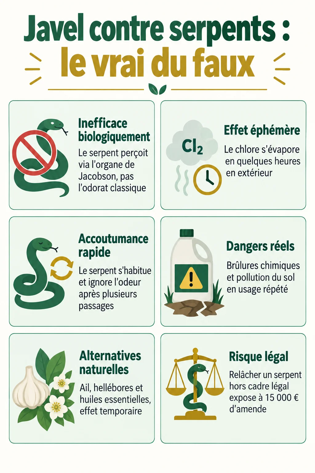 Javel contre serpents : le vrai du faux : Inefficace biologiquement, Effet éphémère, Accoutumance rapide, Dangers réels, Alternatives naturelles, Risque légal