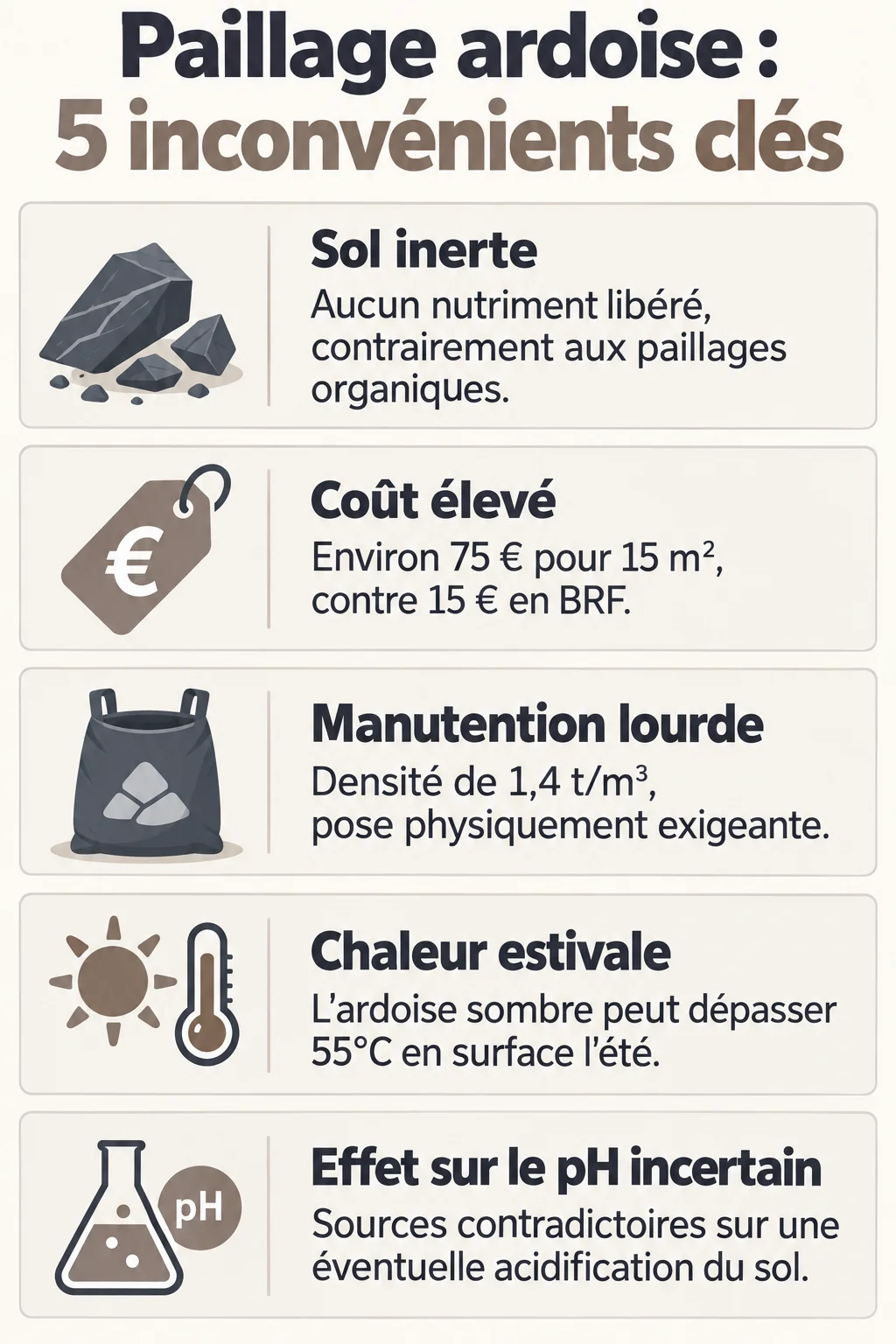 Paillage ardoise : 5 inconvénients clés : Sol inerte, Coût élevé, Manutention lourde, Chaleur estivale, Effet sur le pH incertain