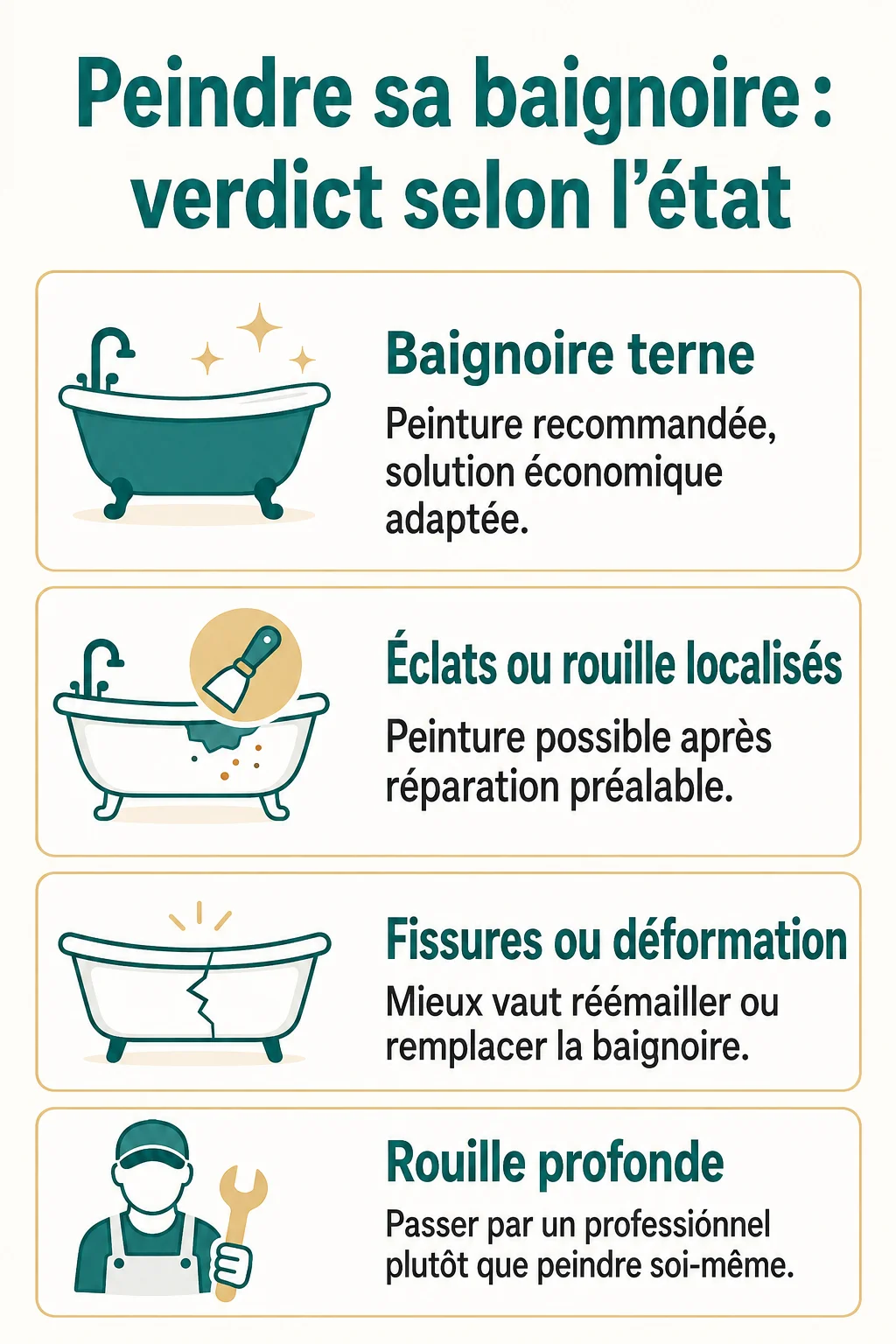 Peindre sa baignoire : verdict selon l'état : Baignoire terne, Éclats ou rouille localisés, Fissures ou déformation, Rouille profonde