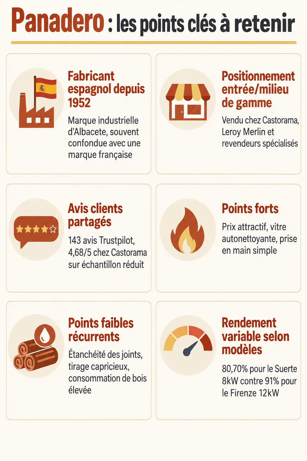 Panadero : les points clés à retenir : Fabricant espagnol depuis 1952, Positionnement entrée/milieu de gamme, Avis clients partagés, Points forts, Points faibles récurrents, Rendement variable selon modèles