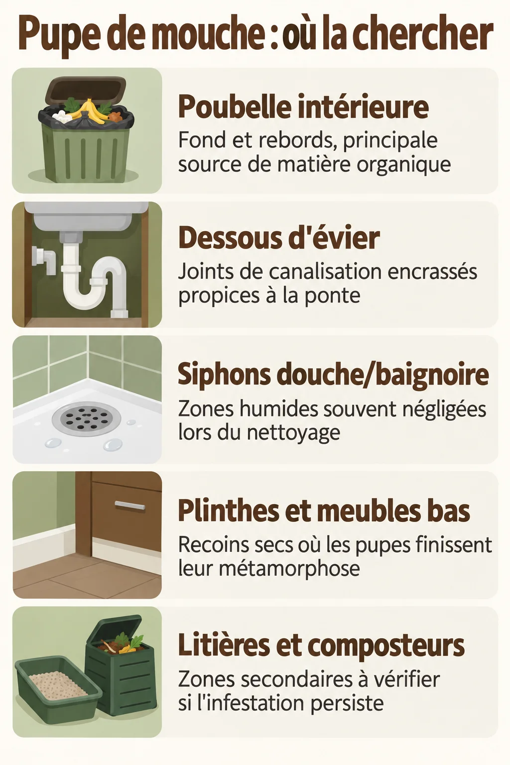 Pupe de mouche : où la chercher : Poubelle intérieure, Dessous d'évier, Siphons douche/baignoire, Plinthes et meubles bas, Litières et composteurs