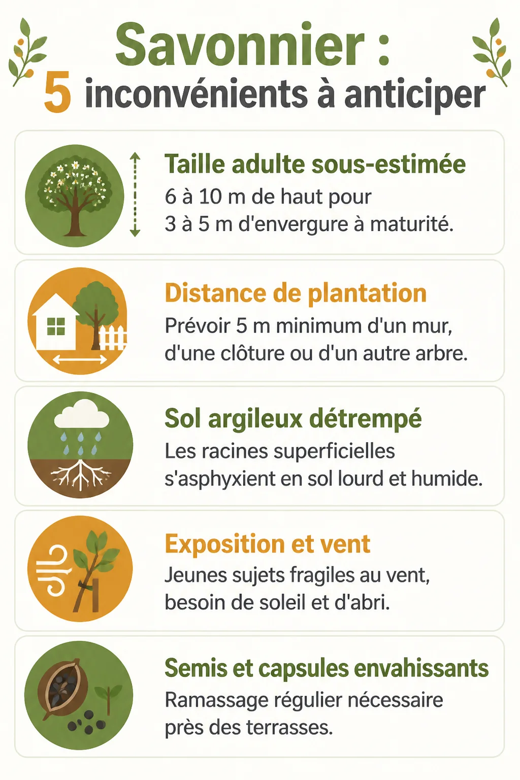 Savonnier : 5 inconvénients à anticiper : Taille adulte sous-estimée, Distance de plantation, Sol argileux détrempé, Exposition et vent, Semis et capsules envahissants