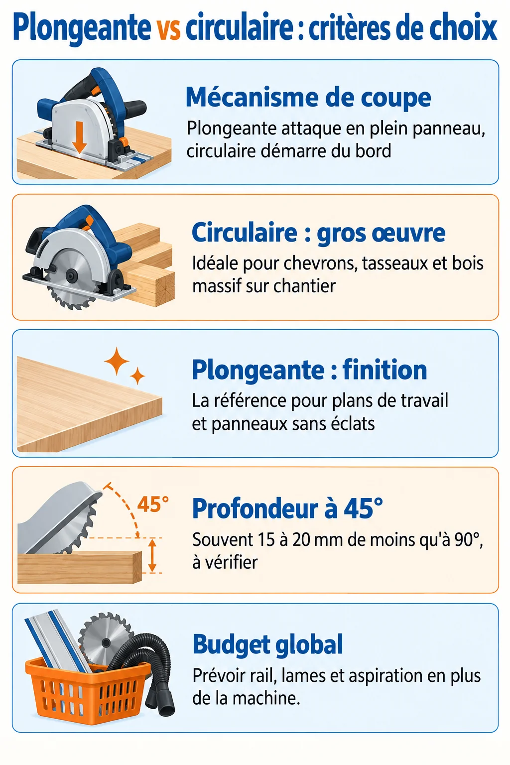 Plongeante vs circulaire : critères de choix : Mécanisme de coupe, Circulaire : gros œuvre, Plongeante : finition, Profondeur à 45°, Budget global