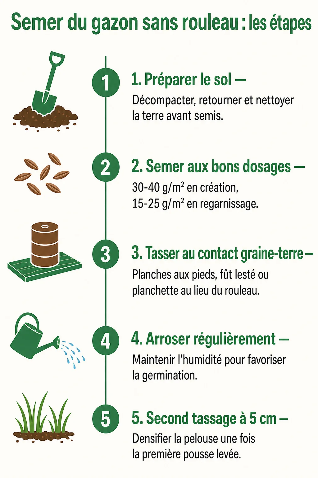 Semer du gazon sans rouleau : les étapes : 1. Préparer le sol, 2. Semer aux bons dosages, 3. Tasser au contact graine-terre, 4. Arroser régulièrement, 5. Second tassage à 5 cm
