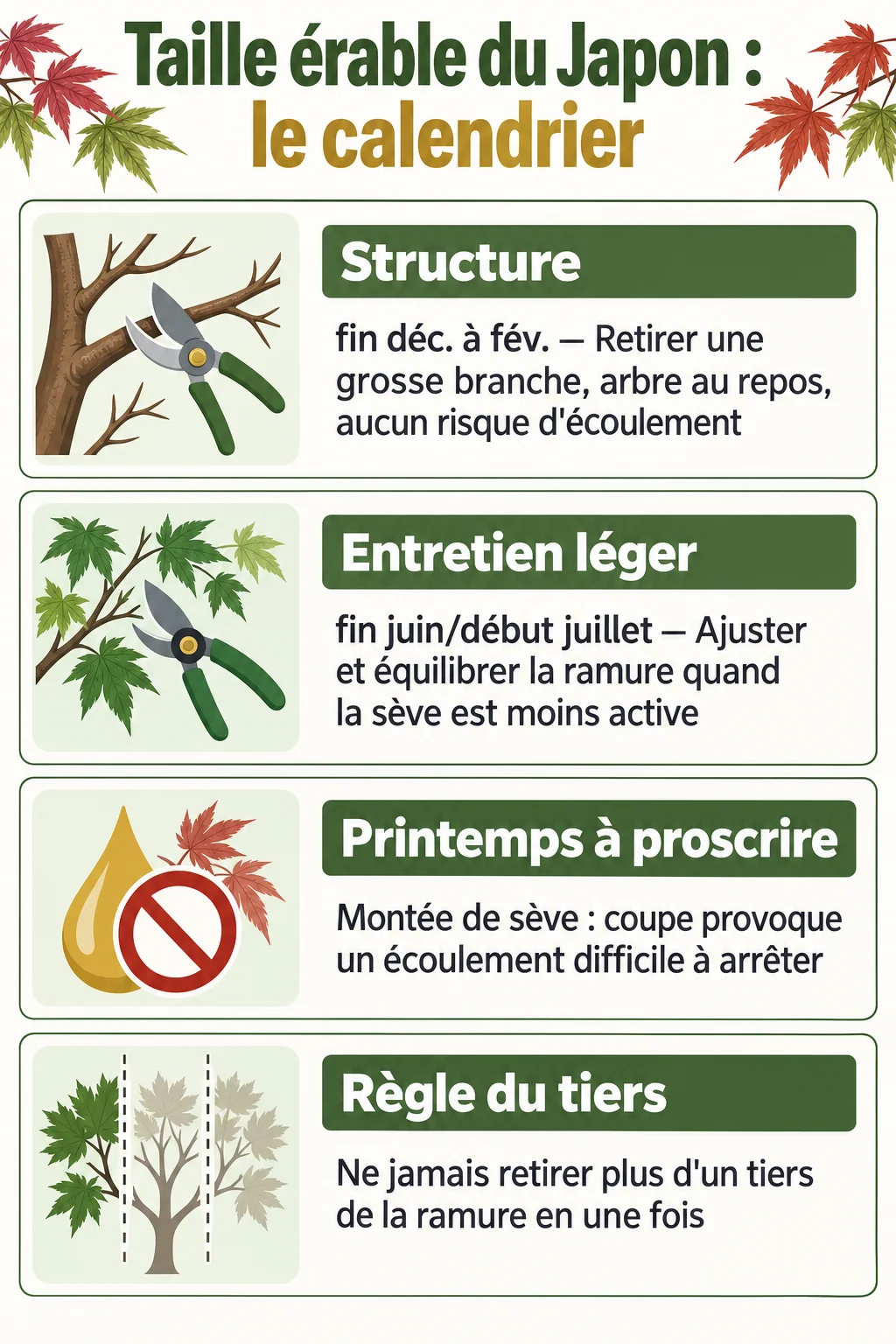 Taille érable du Japon : le calendrier : Structure - fin déc. à fév., Entretien léger - fin juin/début juillet, Printemps à proscrire, Règle du tiers
