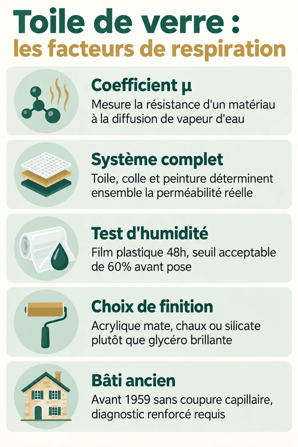 Toile de verre : les facteurs de respiration : Coefficient μ, Système complet, Test d'humidité, Choix de finition, Bâti ancien