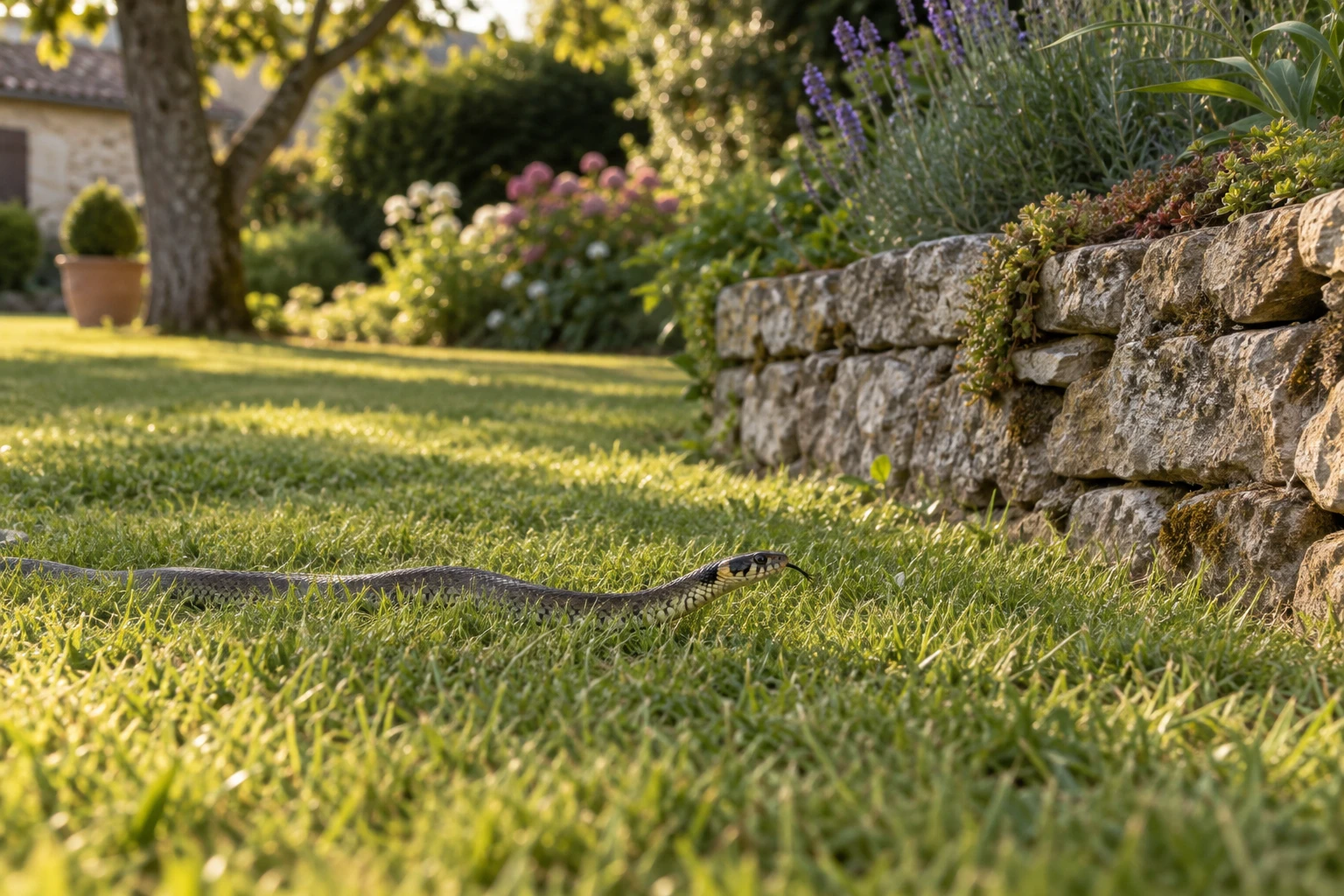 Couleuvre traversant un jardin près d'un muret en pierre en fin de journée