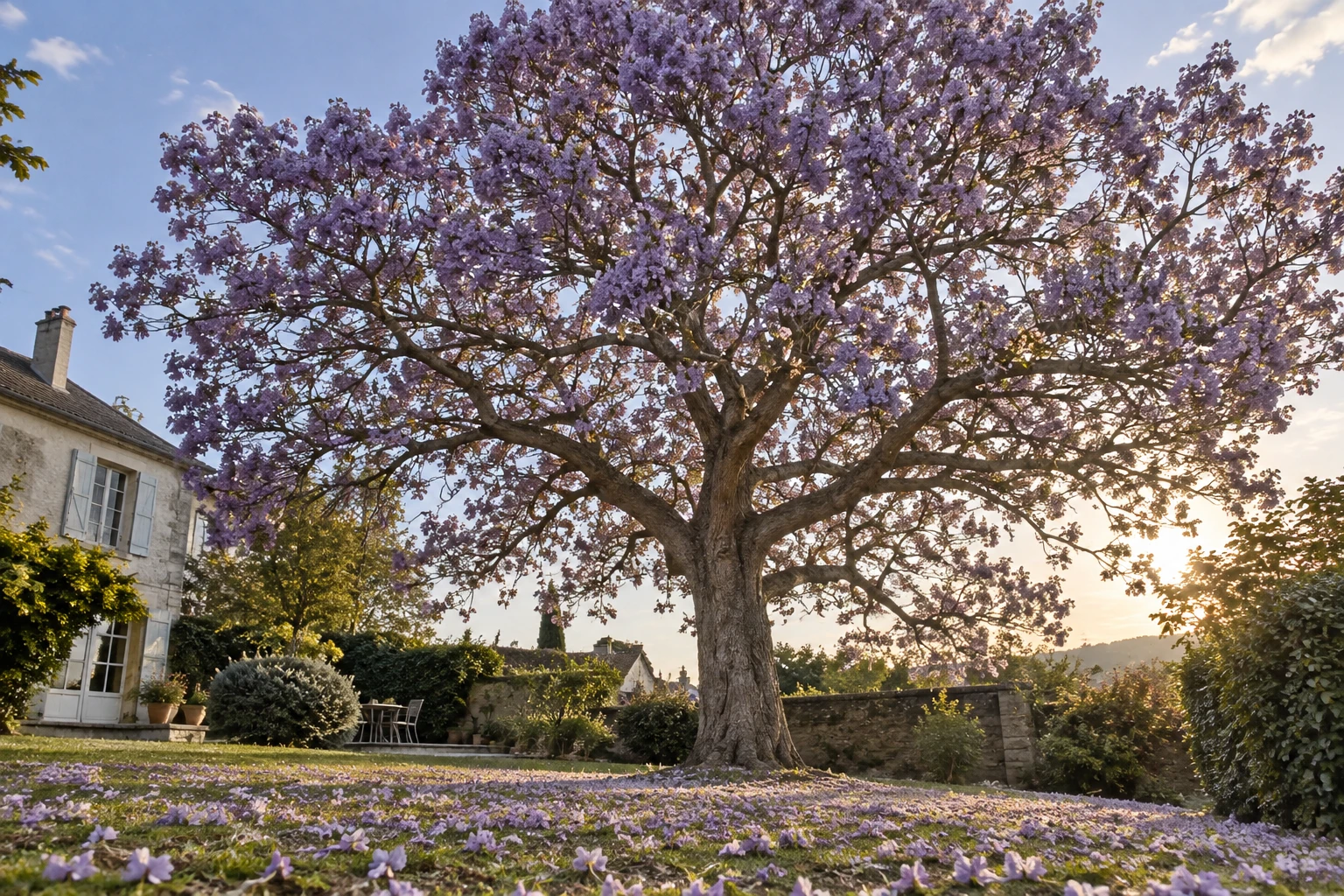 Paulownia adulte en fleurs violettes dans un jardin, montrant son envergure et ses feuilles au sol