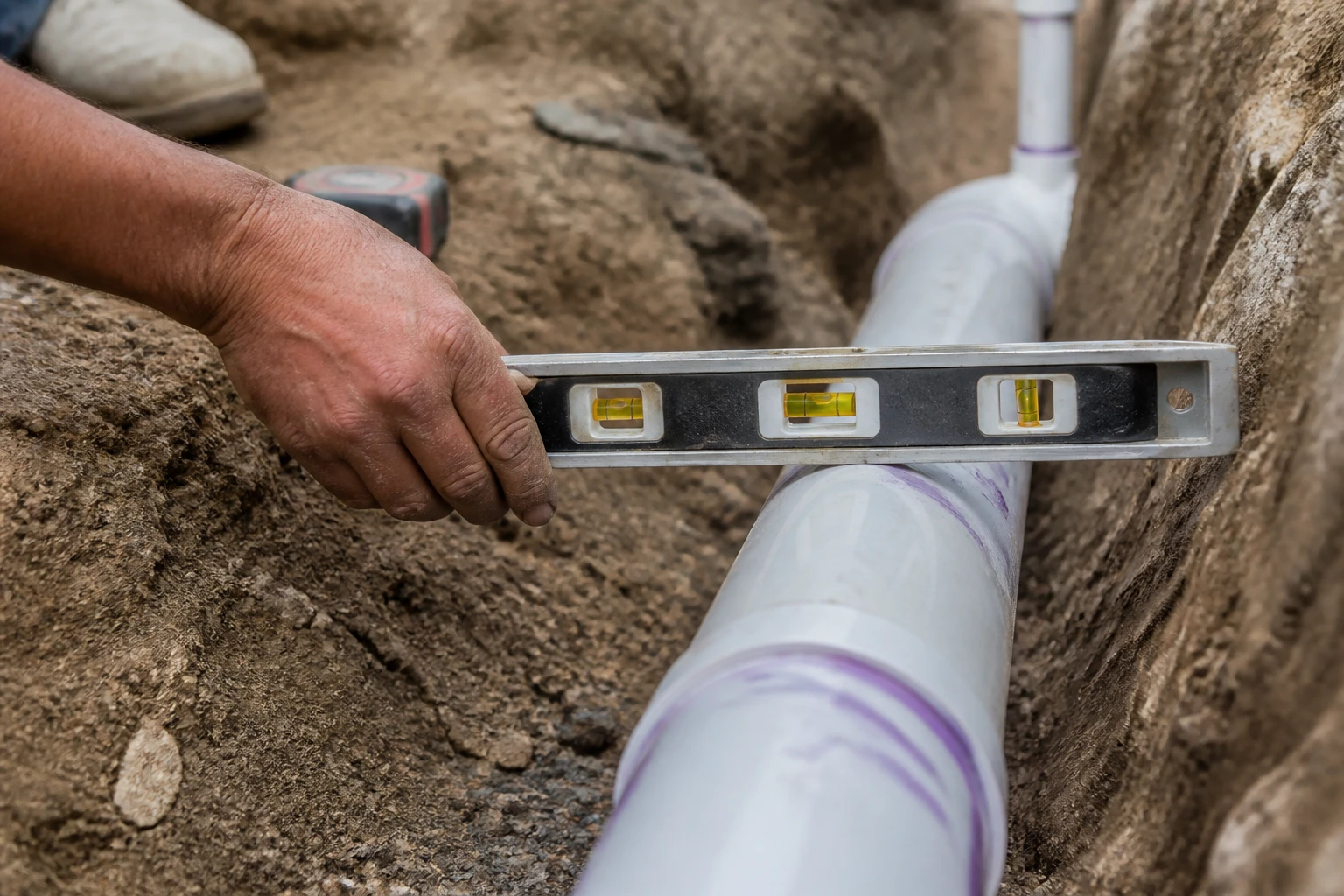 Vérification de la pente d'une canalisation PVC avec un niveau à bulle avant raccordement WC