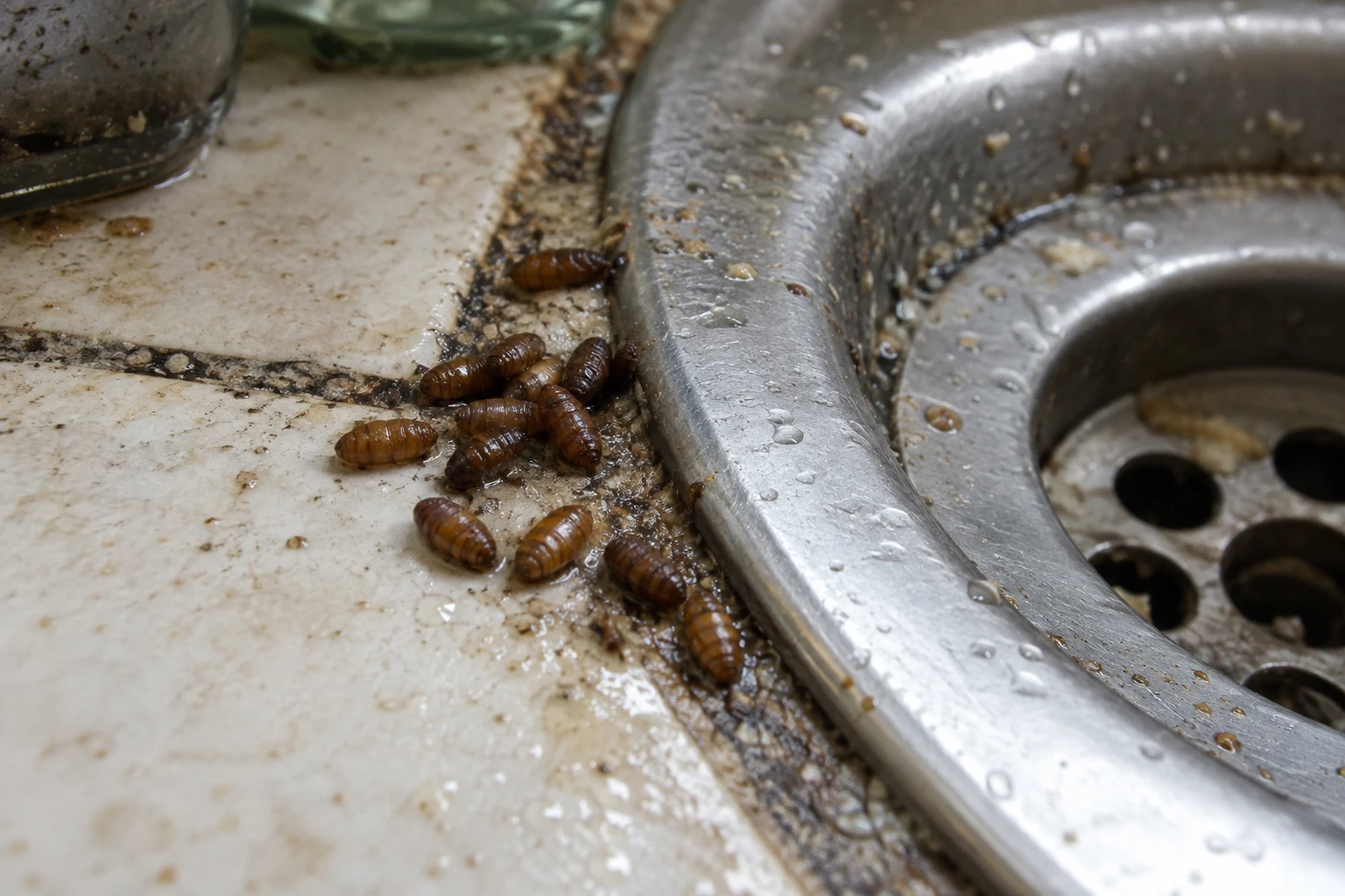 Pupes de mouche brunes près d'un siphon d'évier dans une cuisine