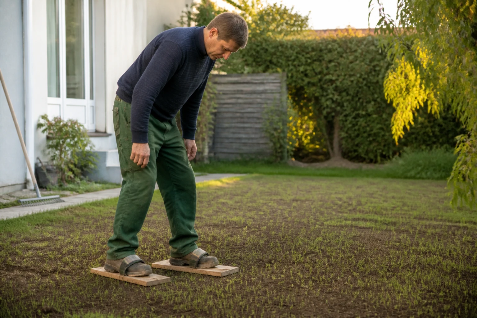 Homme tassant un semis de gazon avec une planche de bois fixée sous ses pieds dans un jardin