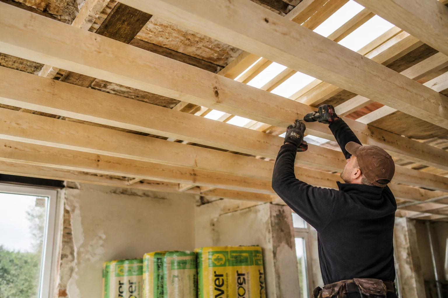 Ossature de solivage bois pour plafond en cours de pose sur un chantier de rénovation