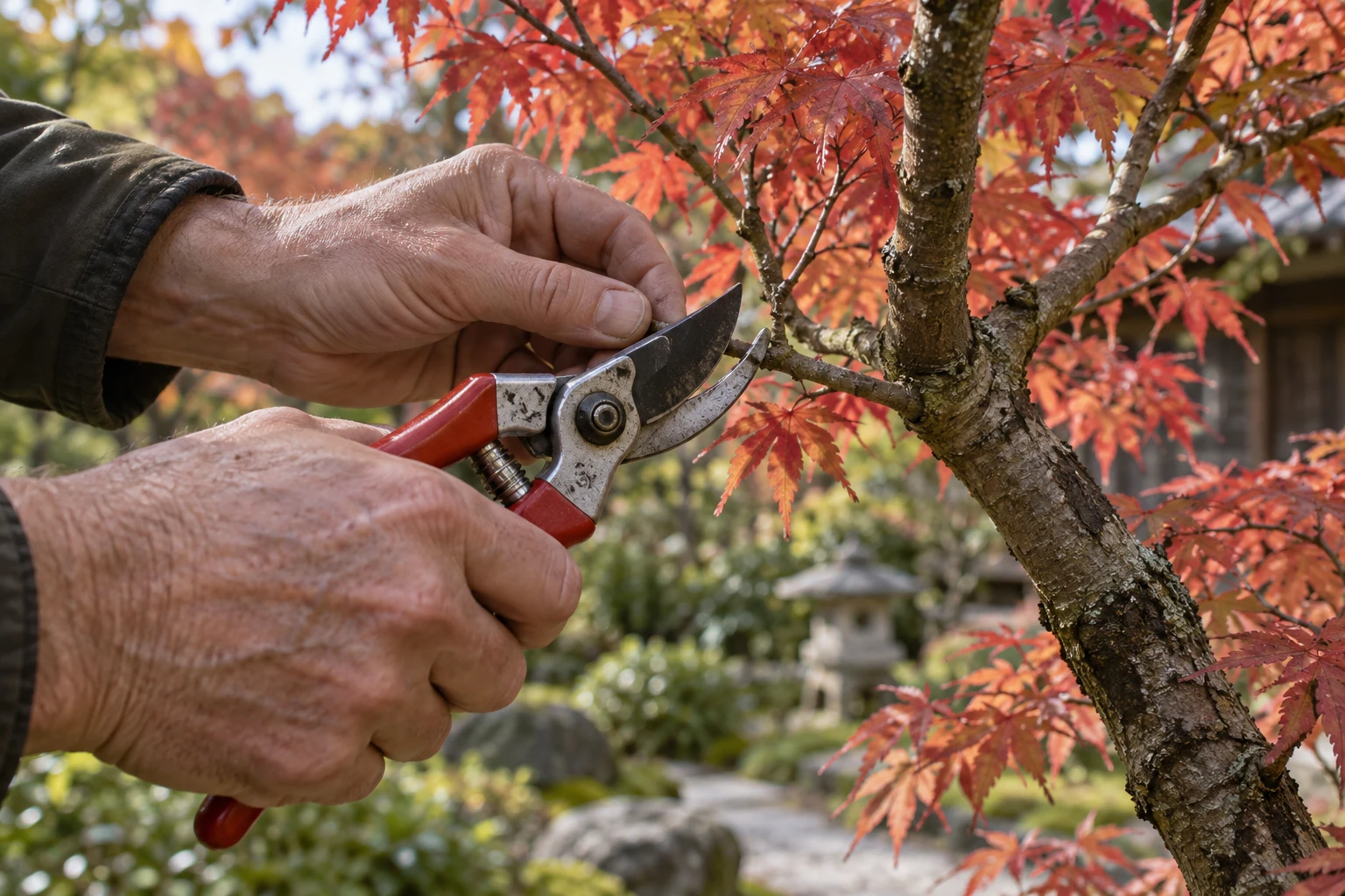 Taille d'un érable du Japon avec un sécateur dans un jardin en automne