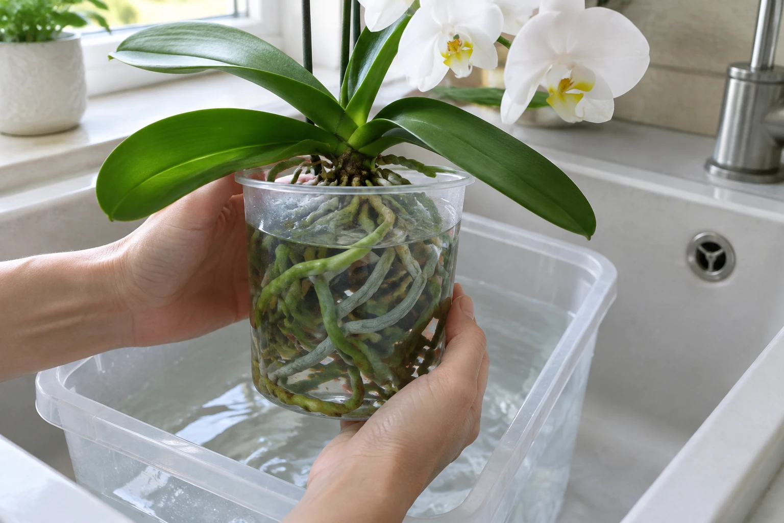 Orchidée Phalaenopsis en pot transparent trempant dans un bac d'eau pour un bassinage