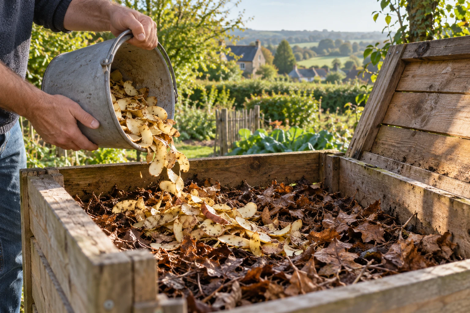 Épluchures de pomme de terre déposées sur des feuilles mortes dans un composteur de jardin en bois