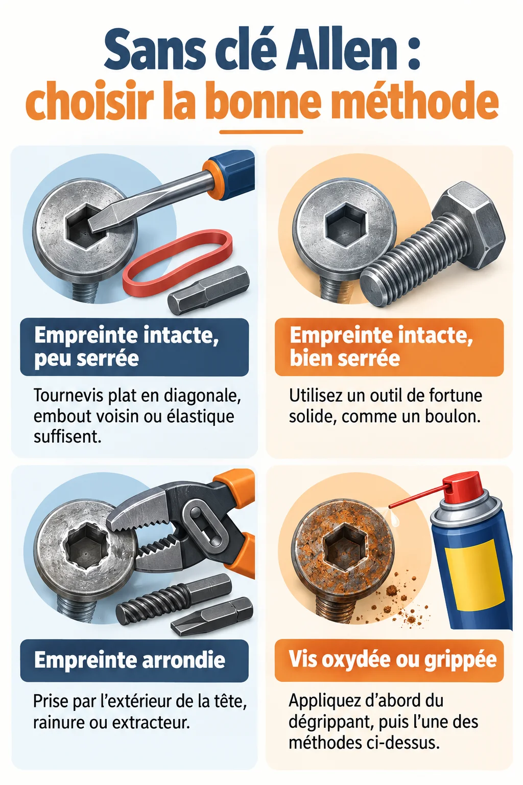 Sans clé Allen : choisir la bonne méthode : Empreinte intacte, peu serrée, Empreinte intacte, bien serrée, Empreinte arrondie, Vis oxydée ou grippée