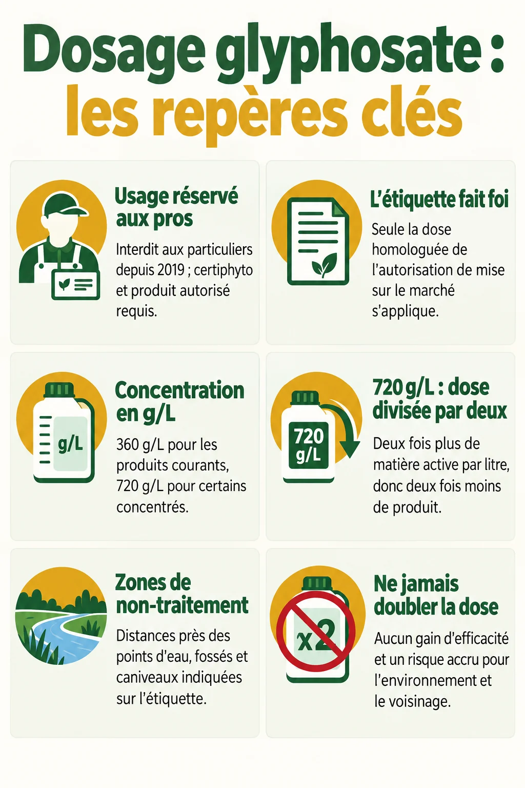 Dosage glyphosate : les repères clés : Usage réservé aux pros, L'étiquette fait foi, Concentration en g/L, 720 g/L : dose divisée par deux, Zones de non-traitement, Ne jamais doubler la dose