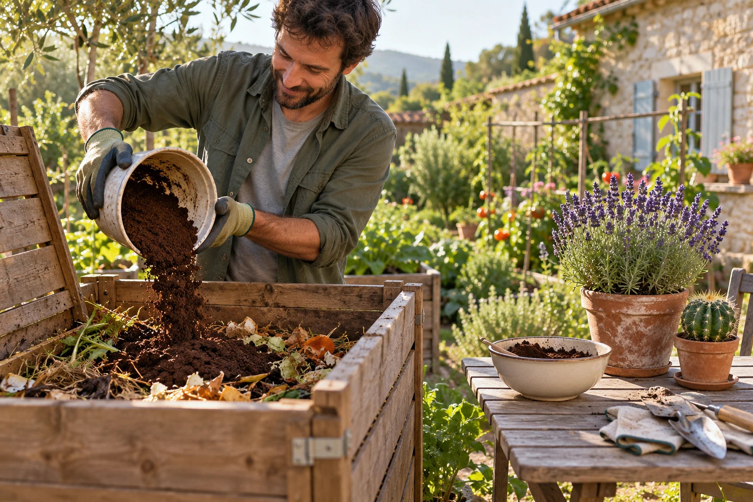 Jardinier versant du marc de café dans un composteur près de pots de lavande et de cactus